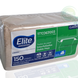 Toalla de Papel Para Manos Elite Doble Hoja Natural x 150 Unidades Interfoliada en C