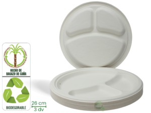 Plato 26 cm. 3 Divisiones Bagazo de Caña Biodegradable x 20 Unidades
