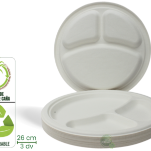 Plato 26 cm. 3 Divisiones Bagazo de Caña Biodegradable x 20 Unidades
