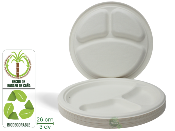 Plato 26 cm. 3 Divisiones Bagazo de Caña Biodegradable x 20 Unidades