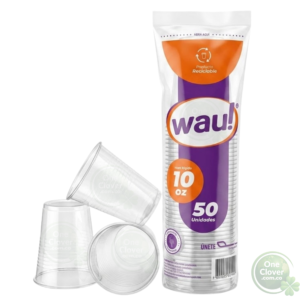 Paquete de 50 vasos de plástico transparentes de 10oz de la marca wau! en su envoltorio original.