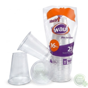 Paquete de vasos de plástico traslúcidos de 16 onzas de la marca wau!, mostrados en su empaque y sueltos.