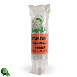 Paquete de vaso plástico desechable transparente SOY-D de 7 onzas por 50 unidades.