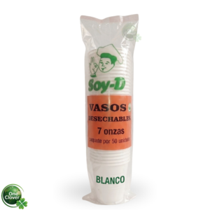 Paquete de vaso plástico desechable blanco SOY-D de 7 onzas por 50 unidades.