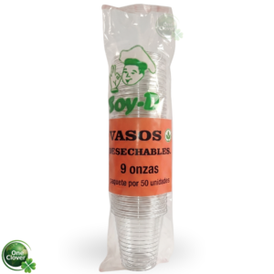 Paquete de vaso plástico desechable transparente SOY-D de 9 onzas por 50 unidades.